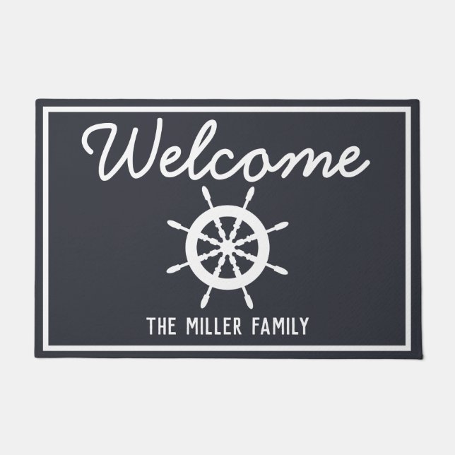 Nautical Dark Grey & Ship's Helm - Personalized Doormat (Front)