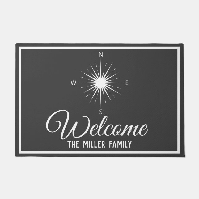 Nautical Dark Grey & White Compass - Personalized Doormat (Front)