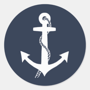 Nautical Dark Navy Blue and White Anchor Classic Round Sticker
