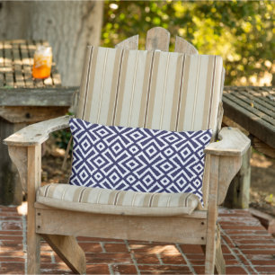Nautical Dark Navy Blue White Ikat Squares Pattern Lumbar Pillow