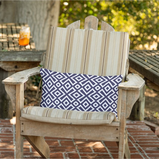Nautical Dark Navy Blue White Ikat Squares Pattern Lumbar Pillow (Chair)