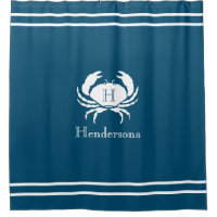 Nautical Dark Teal Blue White Crab Monogram Name