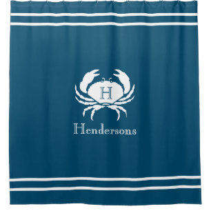Nautical Dark Teal Blue White Crab Monogram Name