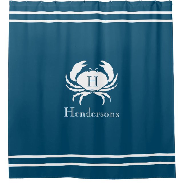 Nautical Dark Teal Blue White Crab Monogram Name (Front)