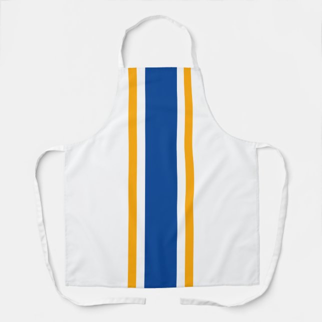 Nautical Deep Blue Yellow Racing Stripes On White Apron (Front)