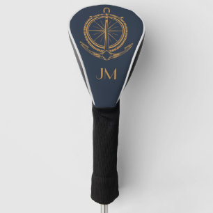 Nautical design with gold compass and anchor golf head cover