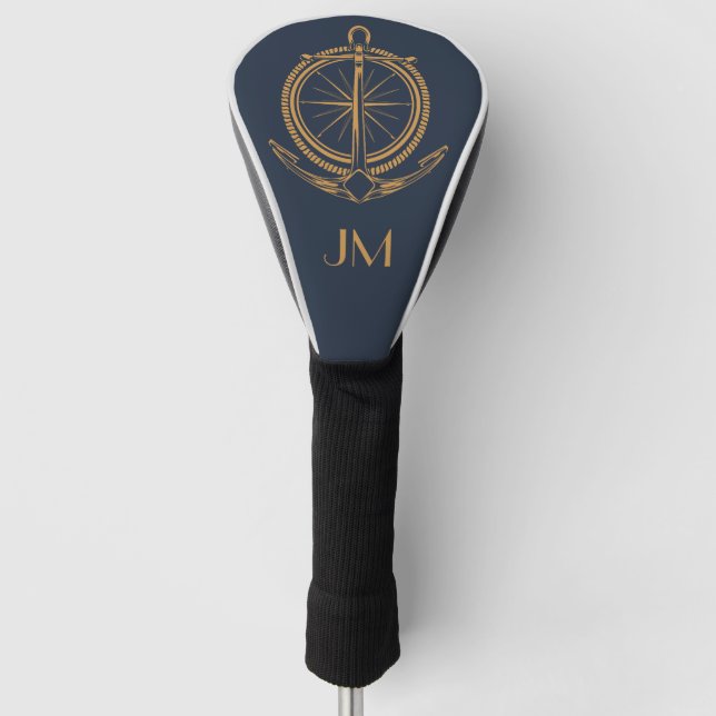 Nautical design with gold compass and anchor golf head cover (Front)