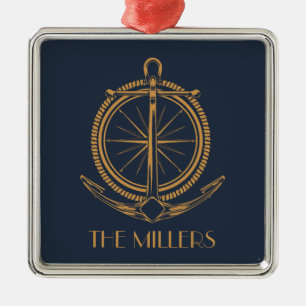 Nautical design with gold compass and anchor metal ornament