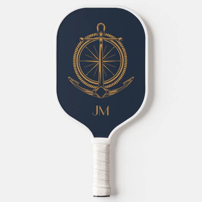 Nautical design with gold compass and anchor pickleball paddle (Front)