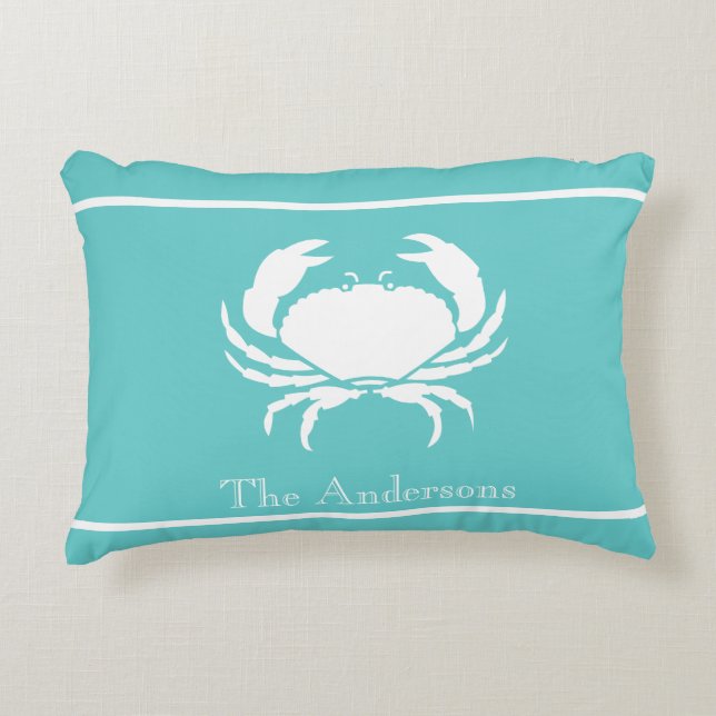 Nautical design with White Crab on Teal Blue Accent Pillow (Front)