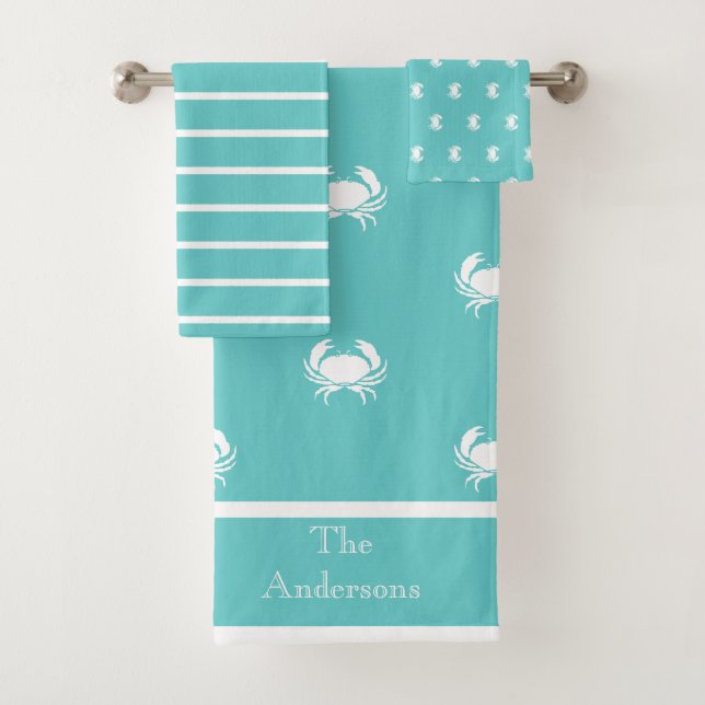 Nautical design with White Crab on Teal Blue Bath Towel Set (Insitu)