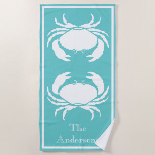 Nautical design with White Crab on Teal Blue Beach Towel
