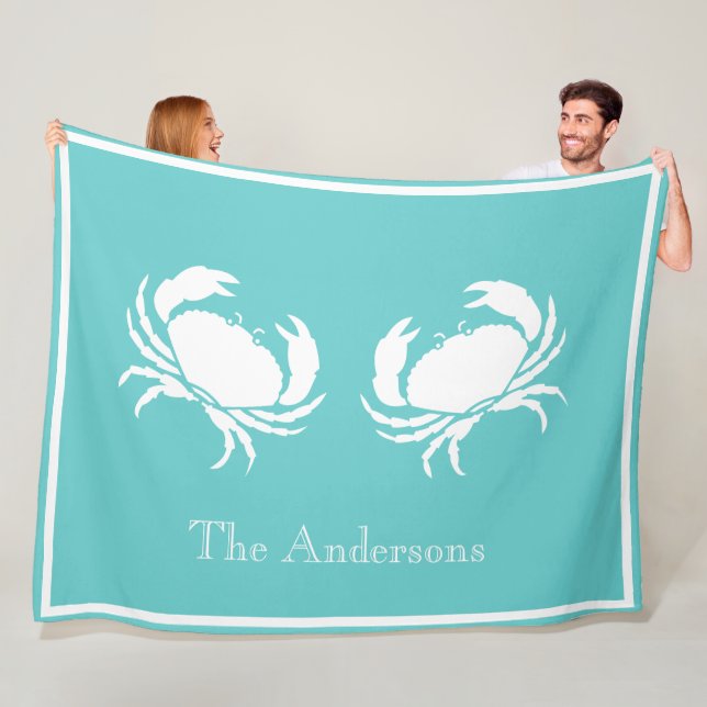Nautical design with White Crab on Teal Blue Fleece Blanket (In Situ)