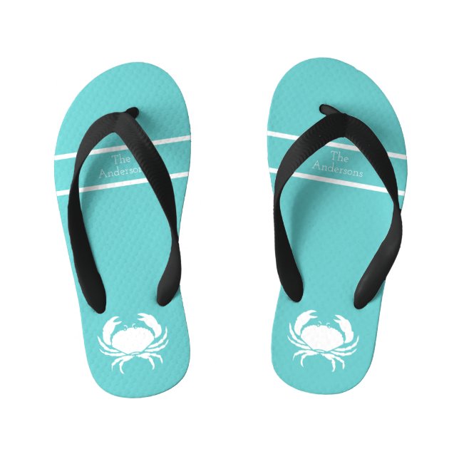 Nautical design with White Crab on Teal Blue Kid's Flip Flops (Footbed)