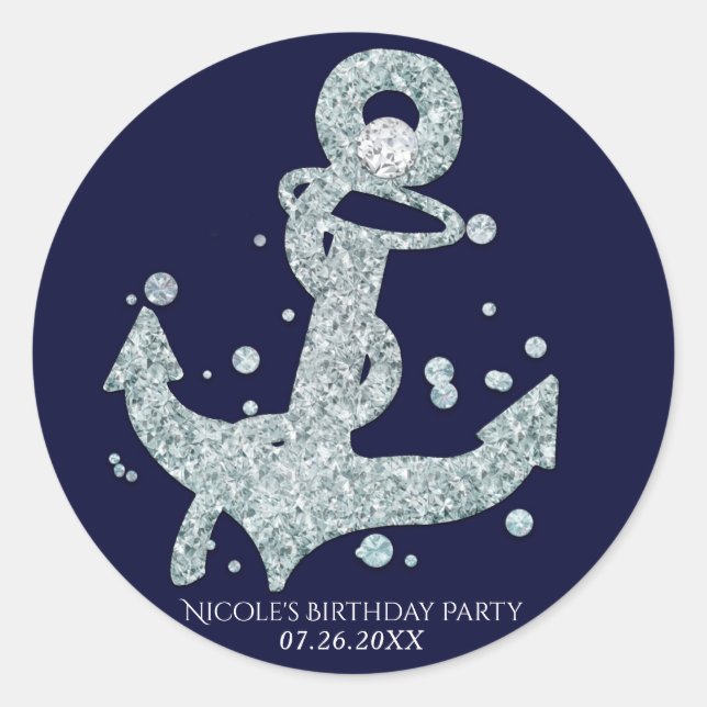 Nautical Diamond Anchor Bling Glam Beach Party Classic Round Sticker (Front)