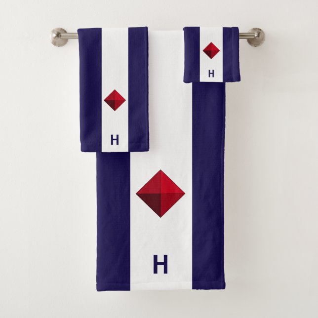 Nautical diamond & monogram on blue & white bath towel set (Insitu)