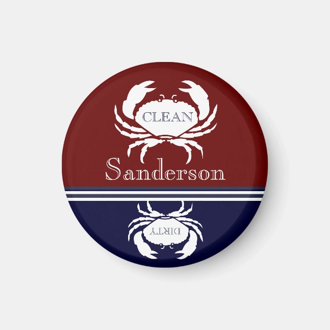 Nautical Dishwasher Clean Burgundy  Navy Blue Crab Magnet (Front)