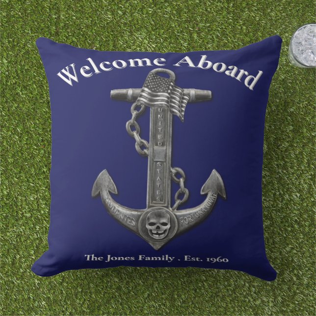 Nautical distressed anchor US flag personalize  Outdoor Pillow (Grass)