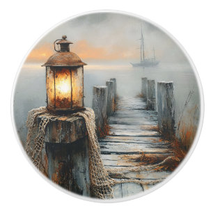 Nautical Dock and Lantern Watercolor Art Ceramic Knob
