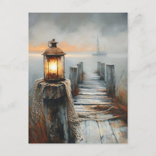 Nautical Dock and Lantern Watercolor Art Postcard