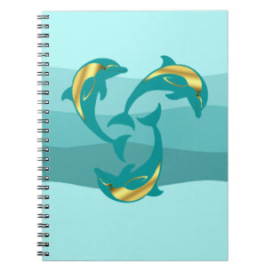 Nautical dolphin aqua blue gold silhouette noteboo notebook