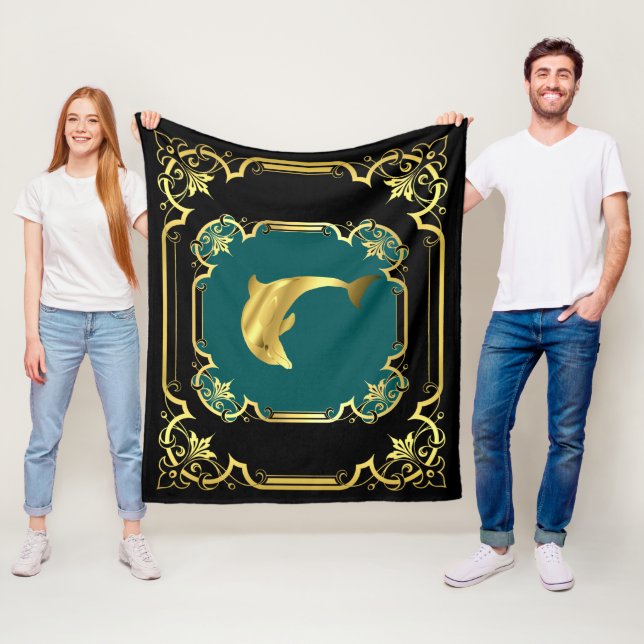 Nautical dolphin gilded black/gold/aqua fleece blanket (In Situ)