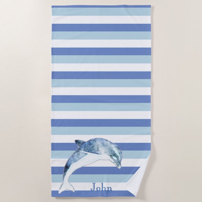 Nautical Dolphin Navy Blue Stripe Beach Towel (Front)