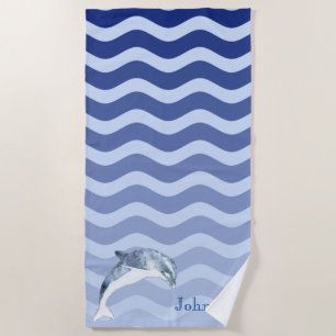 Nautical Dolphin Navy Blue Stripe Waves Beach Towel