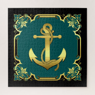 Nautical dolphin silhouette/gold/black/aqua jigsaw puzzle