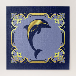 Nautical dolphin silhouette/gold/navy blue jigsaw puzzle