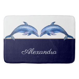 Nautical  Dolphin Watercolor White Navy Blue Name Bath Mat