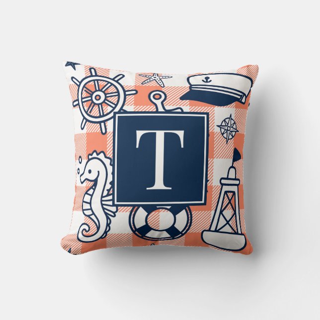 Nautical Doodles – Coral & Navy Gingham Monogram Throw Pillow (Front)
