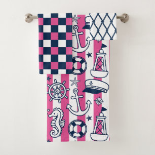 Nautical Doodles – Hot Pink & Navy Coastal Stripe Bath Towel Set