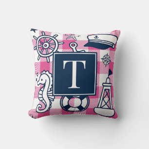 Nautical Doodles – Hot Pink Navy Gingham Monogram Throw Pillow