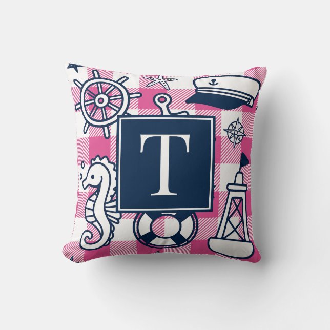Nautical Doodles – Hot Pink Navy Gingham Monogram Throw Pillow (Front)