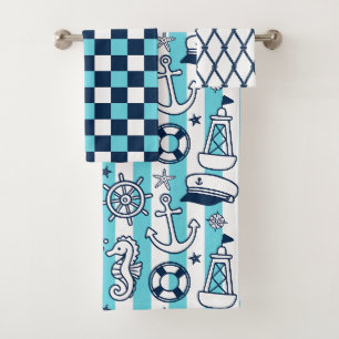 Nautical Doodles – Turquoise & Navy Coastal Stripe Bath Towel Set