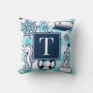 Nautical Doodles – Turquoise Navy Gingham Monogram Throw Pillow