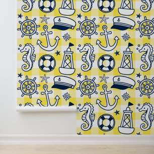 Nautical Doodles – Yellow & Navy Coastal Gingham Wallpaper
