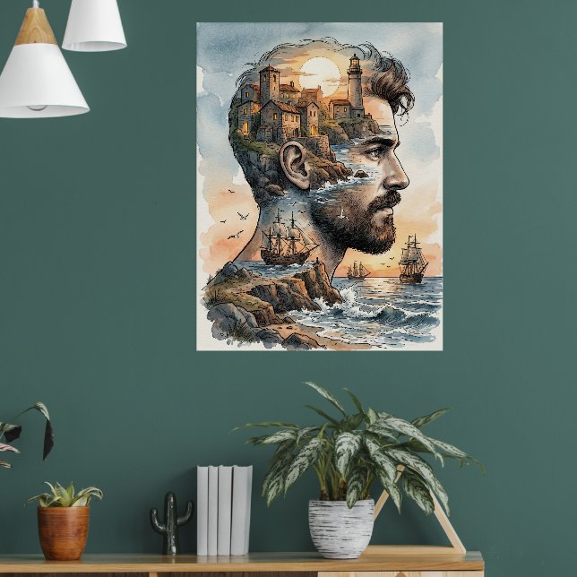 Nautical Double Exposure Watercolor Man Silhouette Poster (Living Room 1)