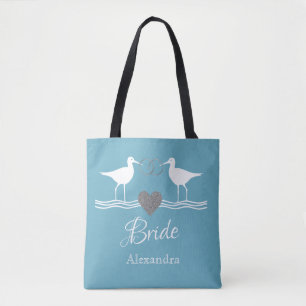 Nautical Dusty Blue Silver wedding sandpipers Tote