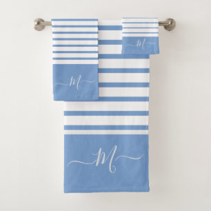 Nautical Dusty Blue white Striped Monogram initial Bath Towel Set