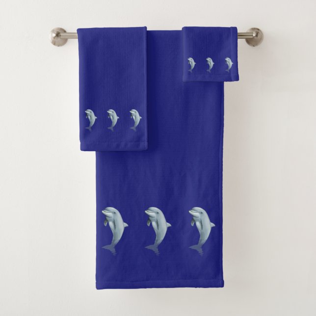 Nautical, Elegant, Dolphins on Navy Blue Bath Towel Set (Insitu)