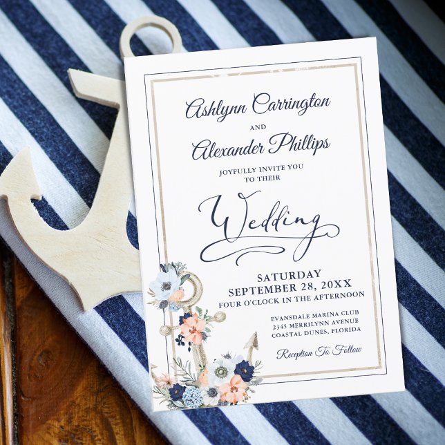 Nautical Elegant Floral Anchor Navy Peach Wedding Invitation (Creator Uploaded)