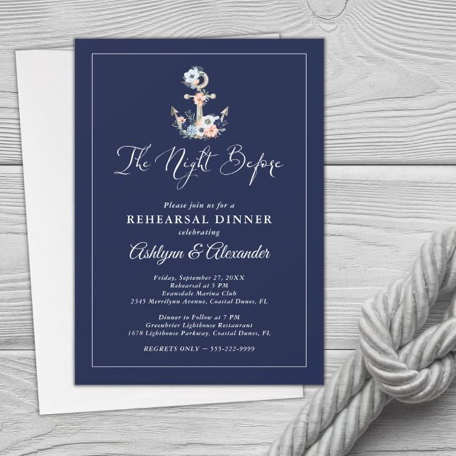 Nautical Elegant Floral Anchor Navy Rehearsal Invitation (Creator Uploaded)