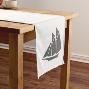 Nautical Elegant Grey Sailboat & White Short Table Runner