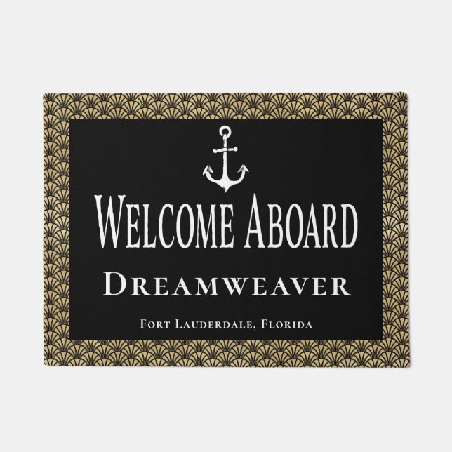 Nautical Elegant Welcome Aboard Boat Name Anchor Doormat (Front)