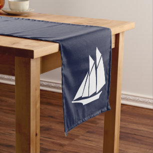 Nautical Elegant White Sailboat &amp; Navy Blue Short Table Runner