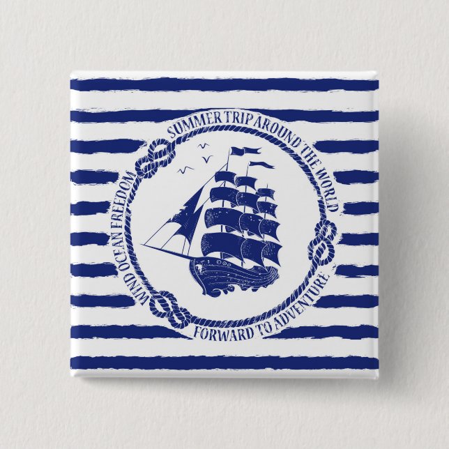 Nautical Emblem With Sailing Ship 2 Inch Square Button (Front)