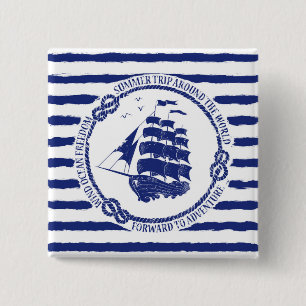Nautical Emblem With Sailing Ship 2 Inch Square Button