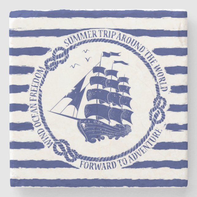 Nautical Emblem With Sailing Ship Stone Coaster (Front)
